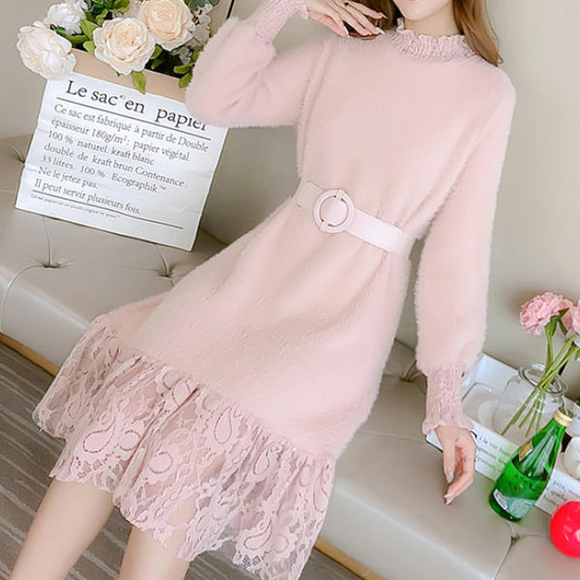 パーティードレス ドレス ワンピース レース ひざ丈 長袖 袖あり 代 ピンク ベージュ ブルーグレー 青 アプリコット 緑 黒 無地 Xライン 透け感 袖付き ボトルネック パフスリーブ 大人可愛い ガーリー 秋冬 二次会 お呼ばれ 謝恩会 発表会 クリスマス イベント