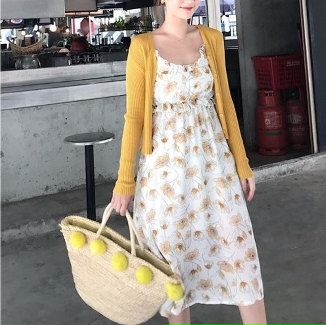 全2色 キャミソールワンピース サマードレス キャミワンピ フレアスカート 花柄 ひざ丈 ミディ丈 フリル ガーリー リゾート カジュアル 夏 グリーン イエロー Like Fashion