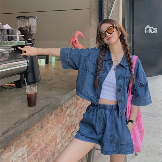 デニム セットアップ レディース 韓国 ファッション 夏 レディース 上下セット おしゃれ 半袖 ショートパンツ デニムジャケット 半袖 韓国服 レディース Vestito