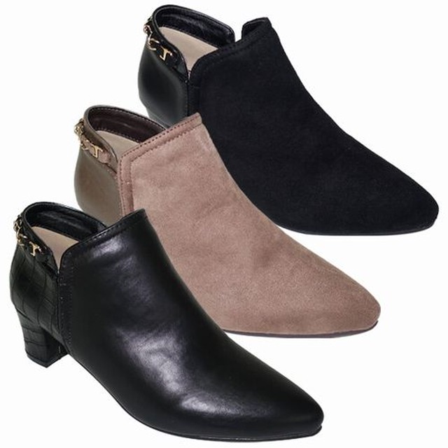ブーティー ブーツ レディースシューズ レディースファッション 靴 秋冬 ブーティ チェーン付き ポインテッドトゥ 太ヒール シンプル 滑らか スエード 型押しレザー 大人っぽい 踵部分チェーン アクセント こなれ感up オンオフ兼用 通勤スタイル 3013 Tre Fiore