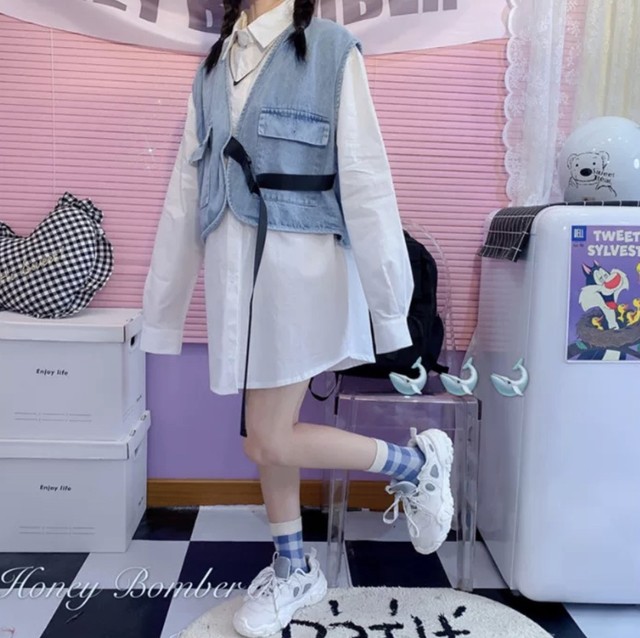 レディースファッション セットアップ シャツ ベスト デニムベスト 春秋コーデ 2点セット 新作 More Lluze モア ルーゼ