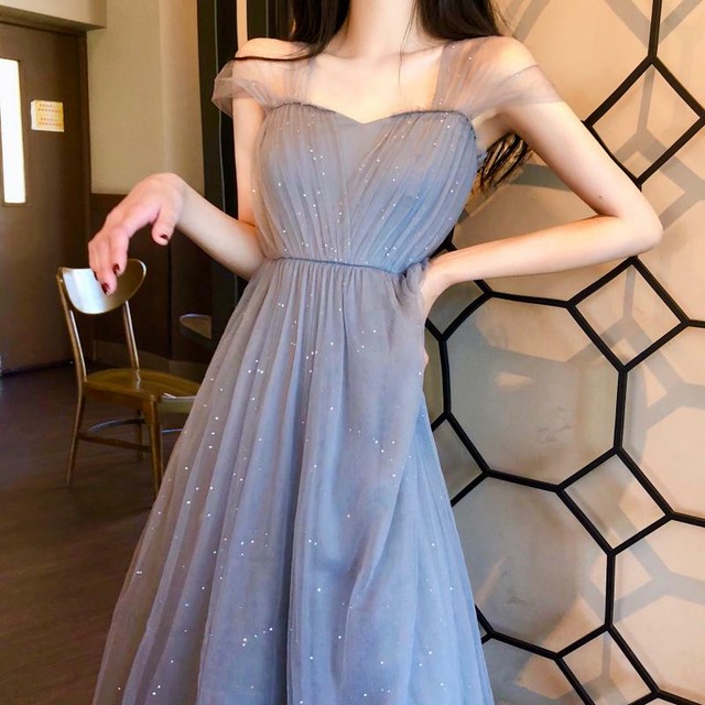 全2色 ドレス ワンピース メッシュ キラキラ ラメ ハイウエスト ロング丈 エレガント 結婚式 披露宴 二次会 パーティー お呼ばれ Dressarroser