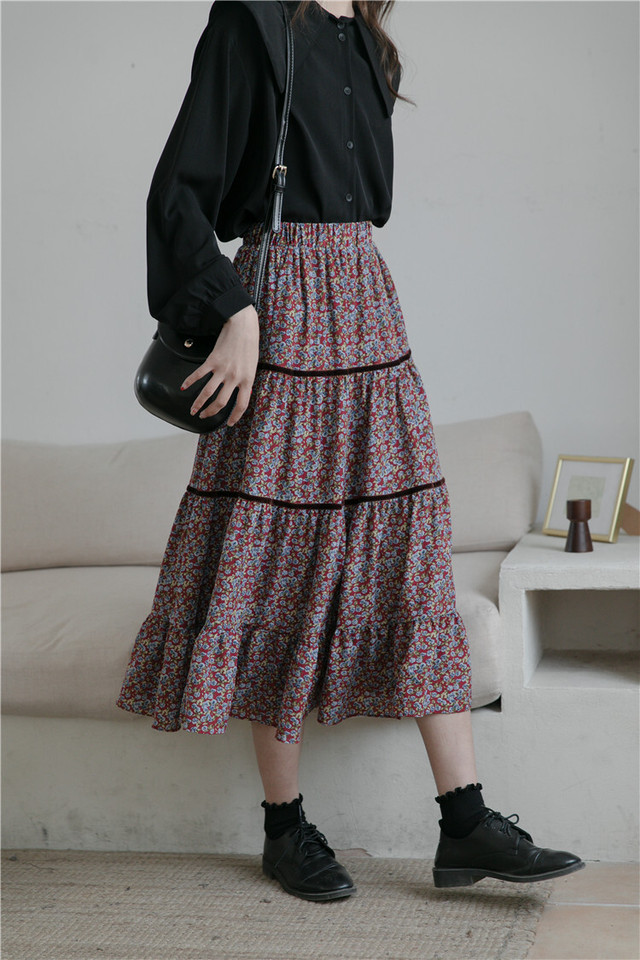 ティアード ひざ丈下 花柄スカート ロング レディース ミモレ丈 総柄 フラワーデザイン ボトムス カジュアル 30代 40代 フリーサイズ パープル 送料無料 韓国レディース キッズファッション Londonbridge ロンドンブリッジ