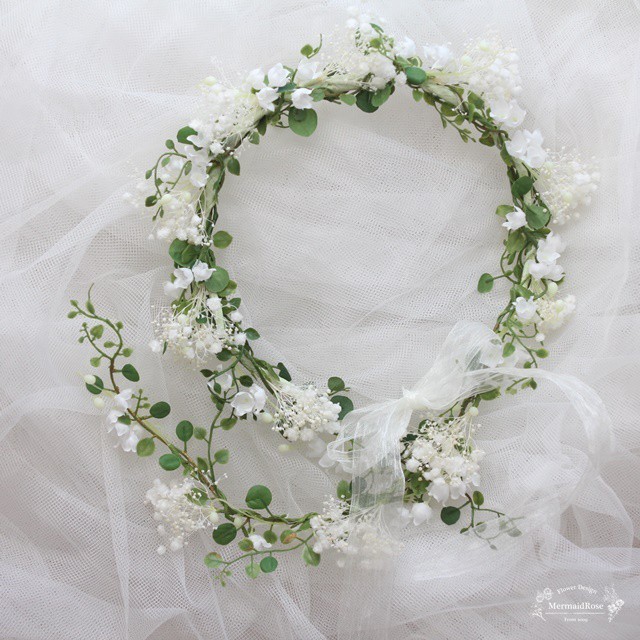 すずらんとかすみ草の花冠 バックガーランド付き ヘアピック 一目惚れする花冠 リースブーケのお店 マーメイドローズ Mermaidrose