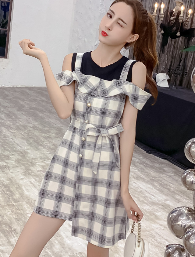 ミニ丈 チェック柄 ワンピース オフショルダー 風 ワンピース レディース 韓国 オルチャン ファッション 夏服 レディース 夏新作ワンピース 韓国 風 レディース ファッション カジュアル 大人可愛い レトロ レイヤード くすみカラー ウエストマーク ブラック 黒 グレー