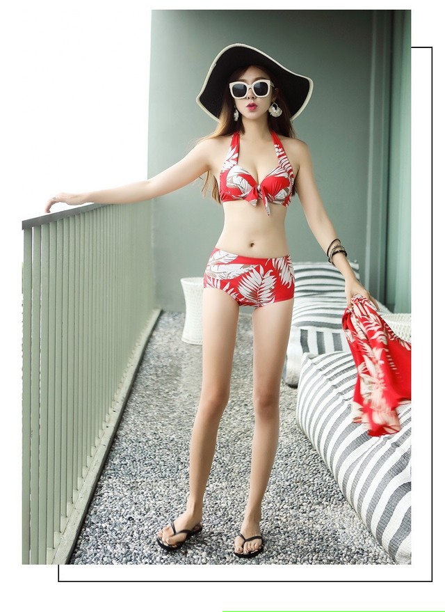 3点セット シフォンワンピース付きボタニカル柄赤ビキニ 水着 タンキニ 海 インポート水着専門店 Hikari