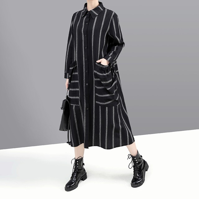 シャツワンピース ストライプ レディースファッション ポケット シングルブレスト ロングシャツ 長袖 シンプル レトロ ガーリー 秋 冬 Dtc レディースファッション通販 Mask エムエーエスケー 大人可愛い韓国ファッション