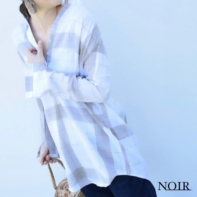 即納 チェック柄 チュニック 長袖 ロング シャツ ブラウス ワンピース 白レディース Noir For Female