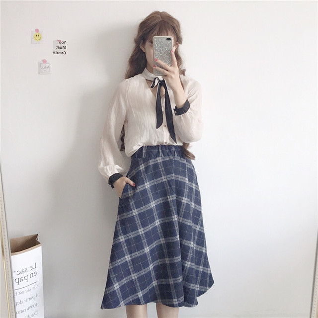 チェック柄フレアスカート Aライン レトロ ミモレ丈 ポケット 女学生風 清楚系 Kirihara