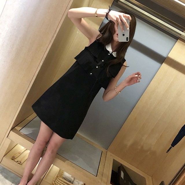 プリーツ モノトーン ワンピース ノースリーブ リボンタイ 黒 ブラック ミニワンピ おしゃれ シック 大人可愛い 韓国ワンピ K091 Koreanplus 韓国ファッション コリアンファッション オルチャンファッション