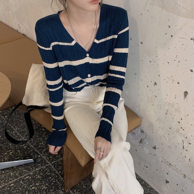 レディース トップス 春秋 ニット セーター シャツ 長袖 ｖネック ボーダー柄 ニット カーディガン シンプル カジュアル おしゃれ 大人可愛い お出かけ デート 通勤 オフィス 通学 学生 キャンパス 旅行 普段着 ダークブルー ブラック 黒 ブラウン 茶色 オートミール