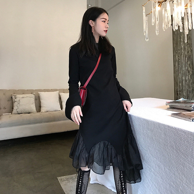アシンメトリー 裾フリル ワンピース ミモレ丈 フレア ブラック 秋 冬 大人可愛い デート Op0241 Natuliria ナチュリリア