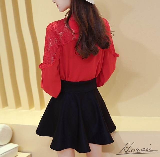 長袖 ブラウス レギュラー丈 レース ボウタイ レッド 赤コーデ シンプル 透け感レース 差し色 リボン ランタン 大きいサイズ お取り寄せ Horai