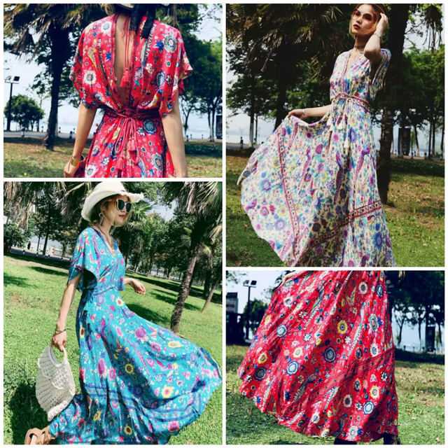 ビーチリゾートワンピース ハイウエストvネック フラワー フレアスカート ボヘミアンドレス Muo Miya