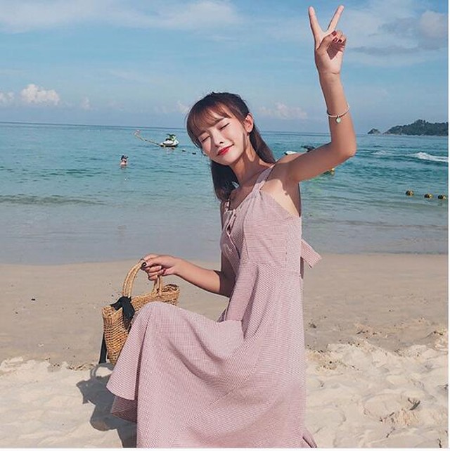 レディースワンピース 2色 ビーチワンピース 夏ワンピース チェックワンピース 背中開き ロング丈 蝶結び Cn0134 ワンピの里