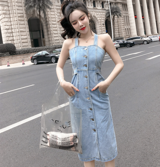 ボディラインが綺麗なボタンタイプのデニムワンピース カジュアル セクシー ミモレ丈 アパレルショップ Be My Self
