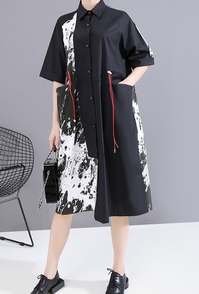 Top Mode ワンピース 膝丈 シャツワンピース ラフ感 ゆったり ブラック 黒 Cool ルーズ チャイナ風 カンフー デザイン ヴィジュアル系 ライブ 舞台 ステージ 衣装 春物 シンプル モード系 個性派 メンズ レディース ユニセックス Rmd162 Top Mode