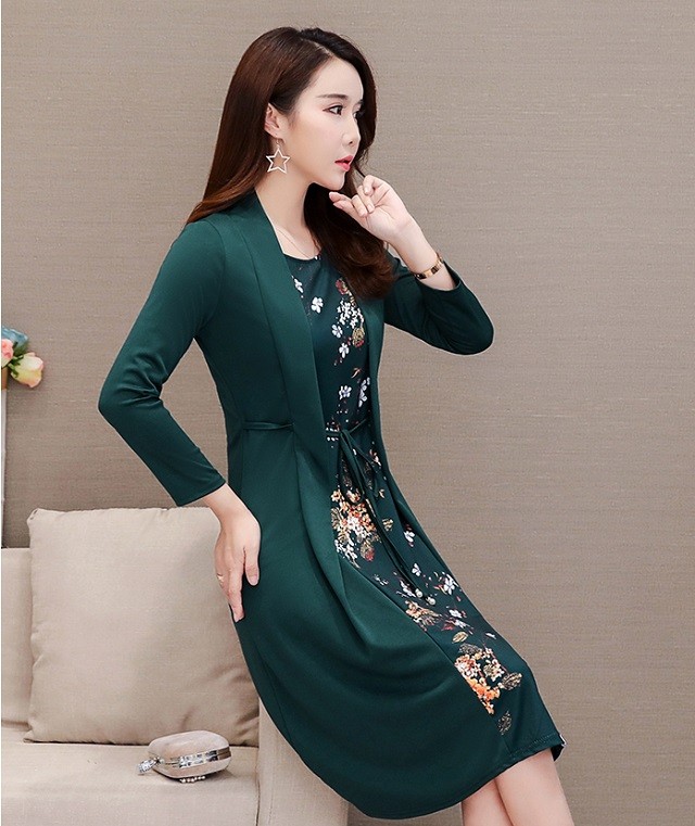 ワンピース レディース 秋冬 膝丈ワンピース きれいめ 大きいサイズ 花柄 リボン フェイクレイヤード 長袖 膝丈 通勤 オシャレ 着痩せ ロング丈 大きいサイズ Ys05 Fashion Mille