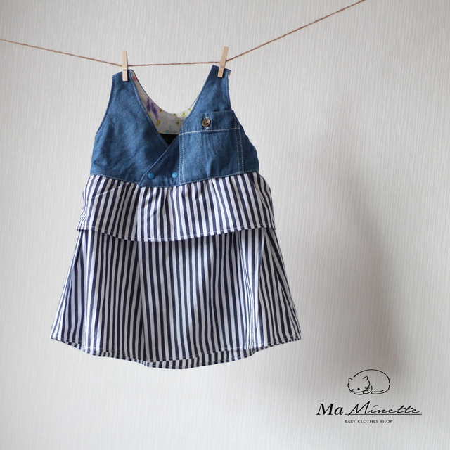 秋冬 リメイク カシュクール ワンピース デニム スエード 80 ベビー服 女の子 Ma Minette
