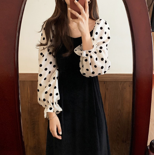 在庫あり 即納 ロング ワンピース パフスリーブ リボン ドット レトロ フェミニン デート シンプル 大人可愛い 韓国ファッション 特別送料無料 Www Endocenter Com Ua