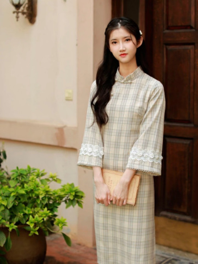 Top Mode ワンピース 春ワンピ ウエストリボン チェック チャイナ ワンピース 膝下丈 七分袖 格子柄 ロング チャイナボタン フラワー モチーフ レース アジアン レトロ ラフ ゆったり お呼ばれ グレー ニッチ Bitter シンプル 映え クール ママ 母 体型カバー ゴージャス