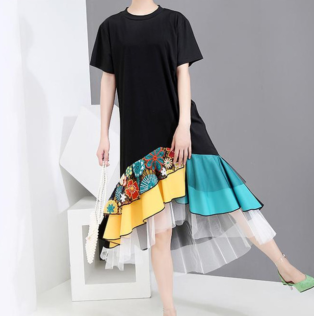 Top Mode ワンピース アシンメトリー ロングワンピース レディース 半袖 刺繍切替 上品 ロングワンピ ダブルフリル フィッシュテール ワンピース ティアード ニッチ ハイストリート ゆったり ブラック 黒 オーバーサイズ 個性的 代 30代 きれいめ モダン 春夏 着痩せ