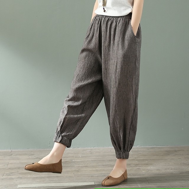 全3色 ジョガーパンツ ストライプ ハイウエスト ワイドレッグ ゆったり ウエストゴム 麻 リネン シンプル カジュアル 大人 デイリー リラックス 春 夏 Like Fashion