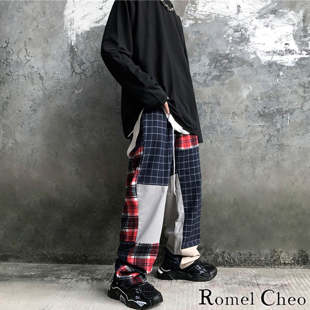 Romelcheo アシンメトリー チェック ワイド パンツ アシメ ストリート メンズ レディース ユニセックス 格子柄 イージーパンツ ルーズ 原宿系 ファッション ゆったり 切替 ビッグシルエット カジュアル ロメルチェオ Romelcheo