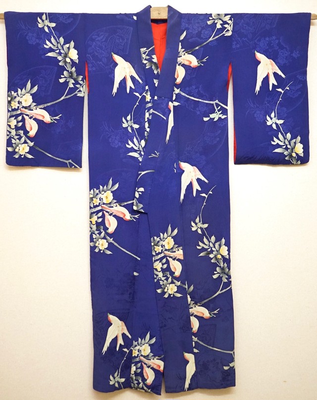 アンティーク着物 青の綸子地に友禅染 鳥と椿 正絹 昭和レトロ 大正ロマン Antique Kimono Antique John アンティーク ジョン