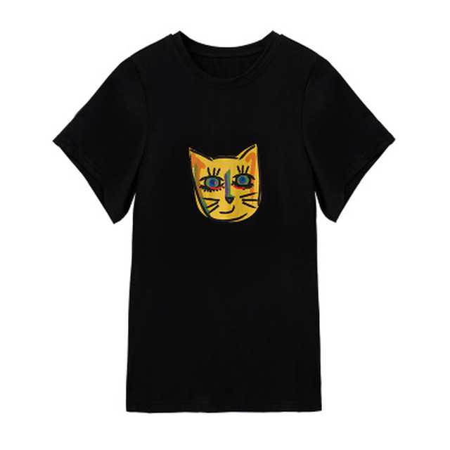 春夏 ポップ 猫 キャット イラスト アート デザイン 半袖 Tシャツ ブラック 黒 Tk4 Top Mode