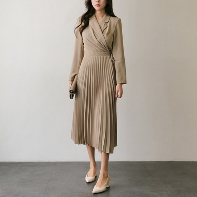 ワンピース ベージュ ニットワンピース ウエストリボン プリーツスカート ロングスカート カシュクール プリーツ 長袖 リボン プリーツニットワンピース 春 冬 レディース Af3665 Raxia
