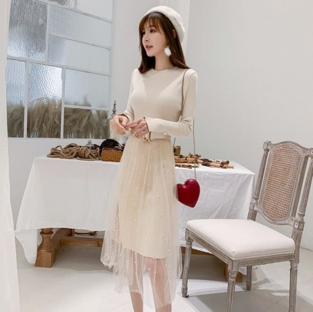 ニットワンピース ニットワンピ レディース ラウンドネック 長袖 チュール レース ドット柄 ひざ丈 ミモレ丈 水玉 秋冬新作 秋 秋色 秋服 秋sale 韓国 可愛い ニットワンピース ニットワンピ Leaflower 001 リーフラワー レディースファッション専門店