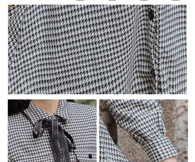 ガーリーコーデ シャツワンピ ひざ丈ワンピース 千鳥柄 リボンネクタイ レディース フェミニン Aライン 春秋 長袖 Ptnym2765 Shop Suba