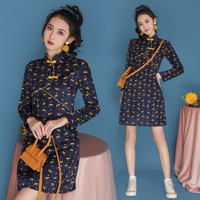 チャイナ風ワンピース 大きいサイズ チャイナボタン スタンドネック 長袖 改良型チャイナドレス チャイナ風服 かわいい Beautycam