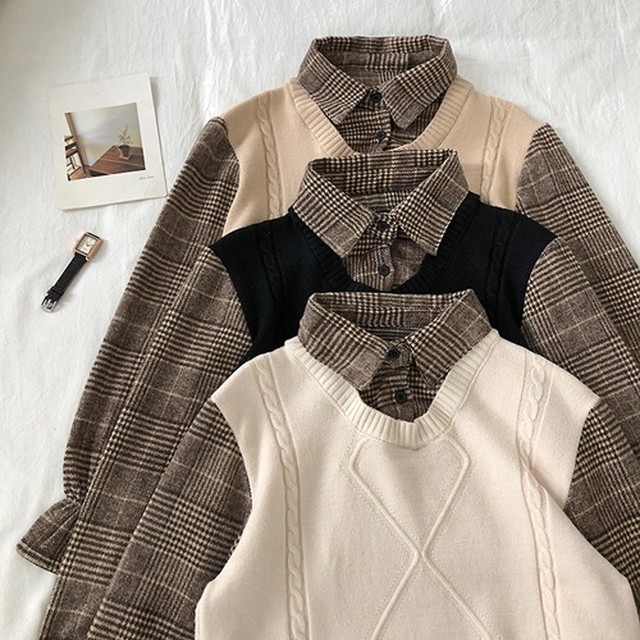 全3色 トップス シャツ ドッキングアイテム ベストシャツ 襟付きシャツ チェック柄 格子柄 長袖 セーター オフィス カジュアル お出掛け 旅行 大人女子 大人可愛い Country Road
