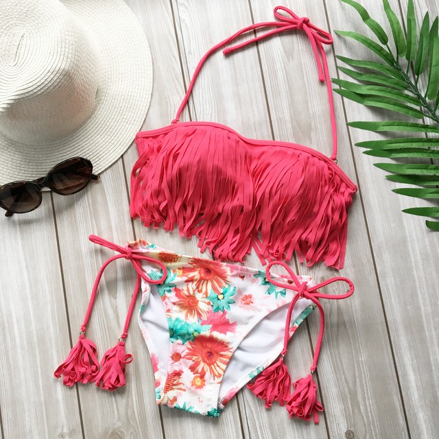 送料無料 新作 フリンジビキニ トロピカルピンク フリンジ水着 マーガレット柄ビキニセット 水着 通販 セレクトショップ La Petite Sirene ラ プティット シレーヌ Sale中