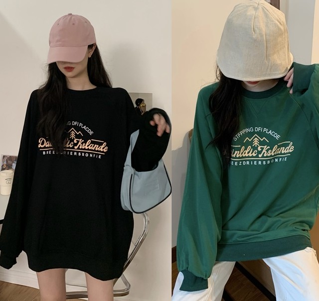 トレーナー レディース 秋服 ロゴ プリント スウェット 韓国 ファッション レディース 秋 長袖 ロゴトレーナー ブラック グリーン ゆったり オーバーサイズ ビッグシルエット トップス スエット トレーナー 可愛い オルチャン ファッション Vestito
