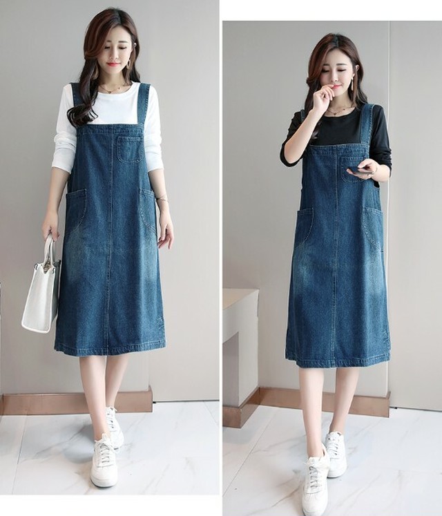 ワンピース ジャンパースカート デニム ひざ下丈 ミモレ丈 ノースリーブ 無地 ｉライン 体型カバー ゆったり 大きいサイズ 大人可愛い カジュアル シンプル 春夏 お出かけ デート 女子会 ベーシック Officewalaa オフィスワラア レディースファッション スタイル