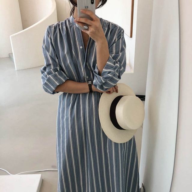 新作 即購入ok シンプル ストライプ ブルー シャツワンピース ワンピ Le Verseau