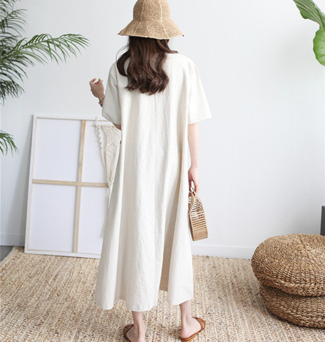 Vネック リネン マキシワンピース 便利なポケット付き アパレルショップ Be My Self