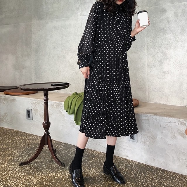 シフォン ワンピース 長袖 ミモレ丈 切替 プリーツワンピース ハーフボタン スタンドカラー ドット風 柔らか ガーリー かわいい 30代40代50代 春 秋 Rb A12 0049 Redbell