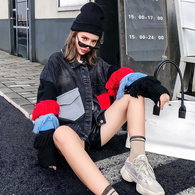 【即納】fringe sleeve denim jacket