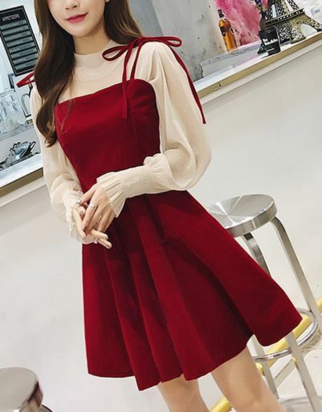 ワンピース ドレス 赤 黒 長袖 2ピース ブラウス 春夏 韓国 ファッション シースルー ドレス Jm4143 ワンピの里