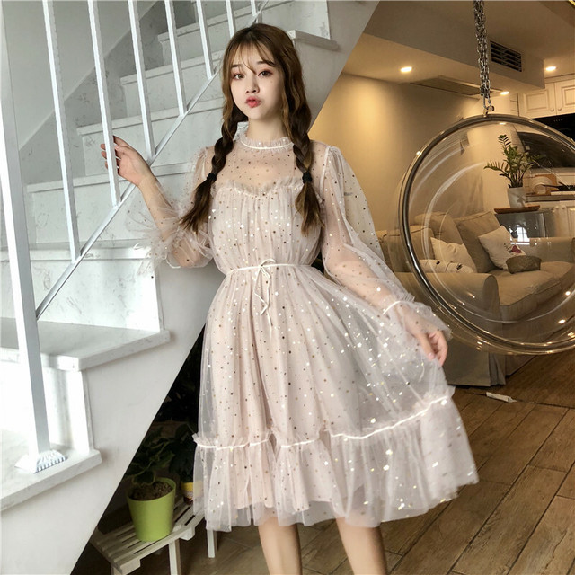 星 スパンコール シースルー メッシュワンピース 2色 クルーネック 長袖 膝丈 胸下切り替え 脚長効果 ワンピース カジュアルドレス パーティー レトロ ガーリー シンプル More Lluze モア ルーゼ