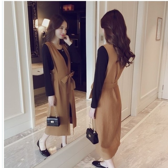 レディース ワンピース 春夏 ワンピース ジレ ロング ベスト 無地 バイカラー プリーツ きれいめ 通勤 デート 春夏 Basecamp49