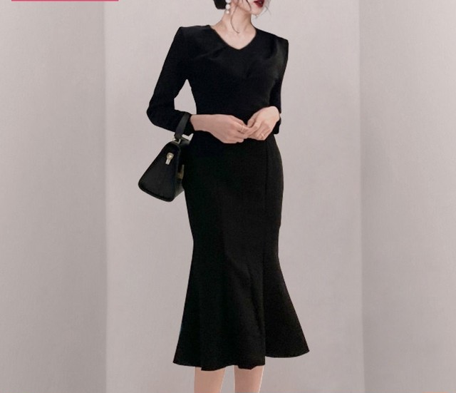 Vネック シンプル マーメイドライン ワンピース 茶 黒 膝丈 上品 Ol 通勤 Garage Diva 106