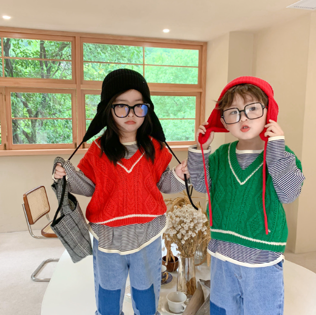 2色 Korea Style 编み ベスト 男の子 女の子 春 秋 おしゃれ 人気 可愛い Coolkids