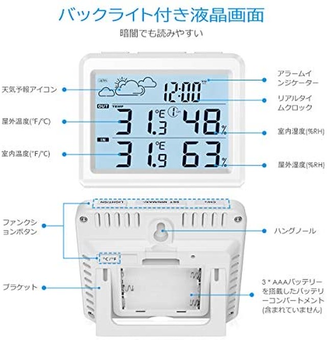 Jpcs 最新版 Amir デジタル温度計湿度計 外気温度計 ワイヤレス 温度湿度計 室内室外 高精度 Lcd大画面 外部 センサー付き 気象ステーション付き バックライト付き 最高最低温湿度 快適レベル 温度と湿度傾向図表示 置き掛け両用 天気予報 時刻表示 温室 ペット 華氏