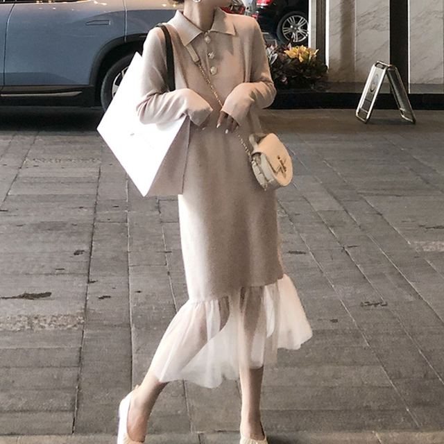 裾チュールニットワンピース ロング丈 長袖 無地 襟付き パールボタン Iライン 春 秋 冬 大人 デート お出かけ 旅行 女子会 韓国 韓国ファッション オルチャン 可愛い レディース Fa808 Musubi Me 韓国 オルチャン レディースファッションのお店