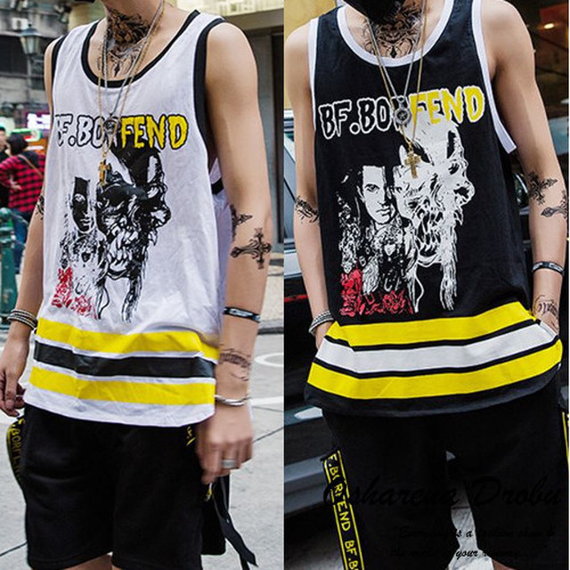 全2色 メンズ ロゴ入り 裾ボーダー柄 タンクトップ あぱれる泥棒